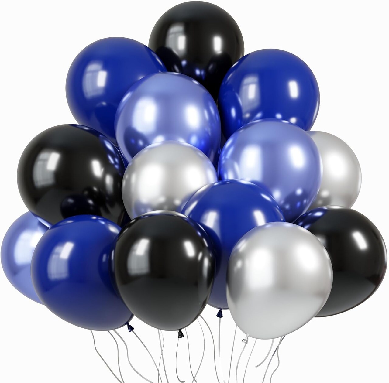 60 Pack 12-Inch Black, Blue & Silver Latex Balloons – Royal Blue, Metallic Blue & Silver Party Balloon Set with Ribbon for Birthday, Baby Shower, Graduation & Event Decorations